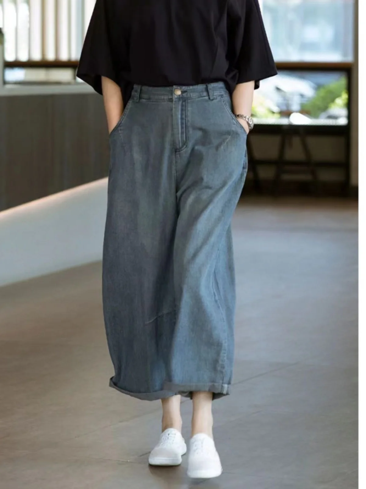 

Летние тонкие женские джинсы с высокой талией, свободные широкие брюки, универсальные повседневные брюки прямого кроя с девятью точками, синие ретро-сле