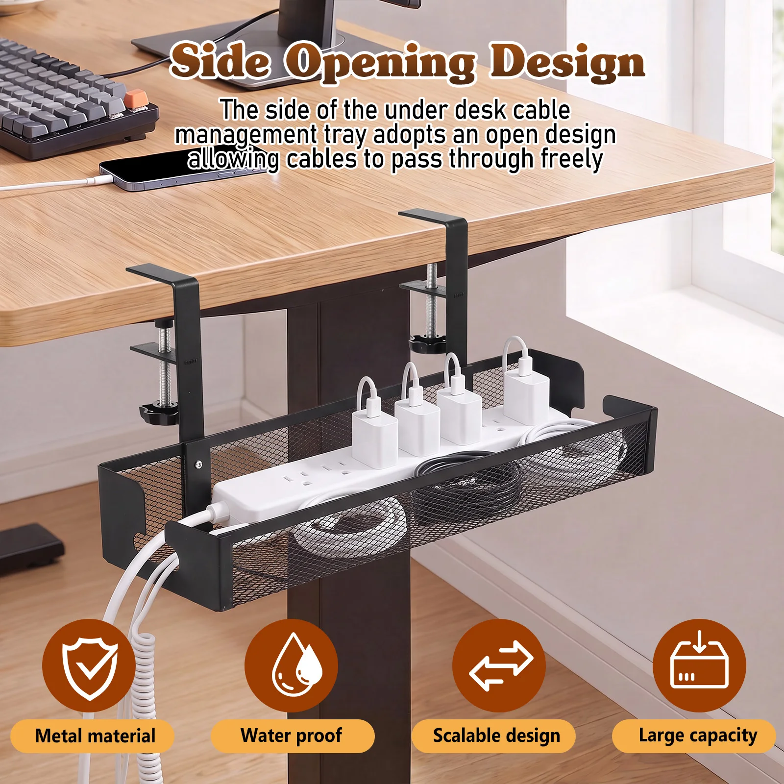 Under Desk Cable Management Tray No Drill Clamp On Metal Mesh Power Board Organizer Fits Desks Up to 2 Inches Thick Black