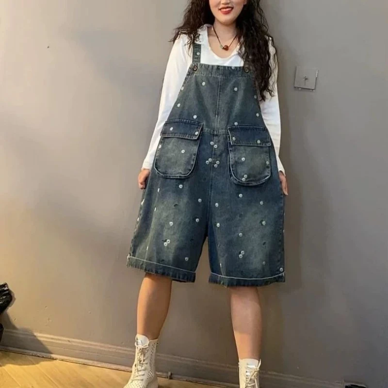 

New Women's Summer Denim Overalls, Korean Style Embroidered 5-Point Shorts, Plus Size Loose Straight Leg Stylish Suspender Pants