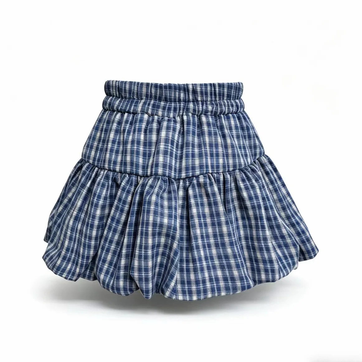 Girls Blue Plaid Ruffle Skirt Kids Elastic Waist Bubble Mini Skirt Children Cute Pleated Skort Daily School Party Casual Wear