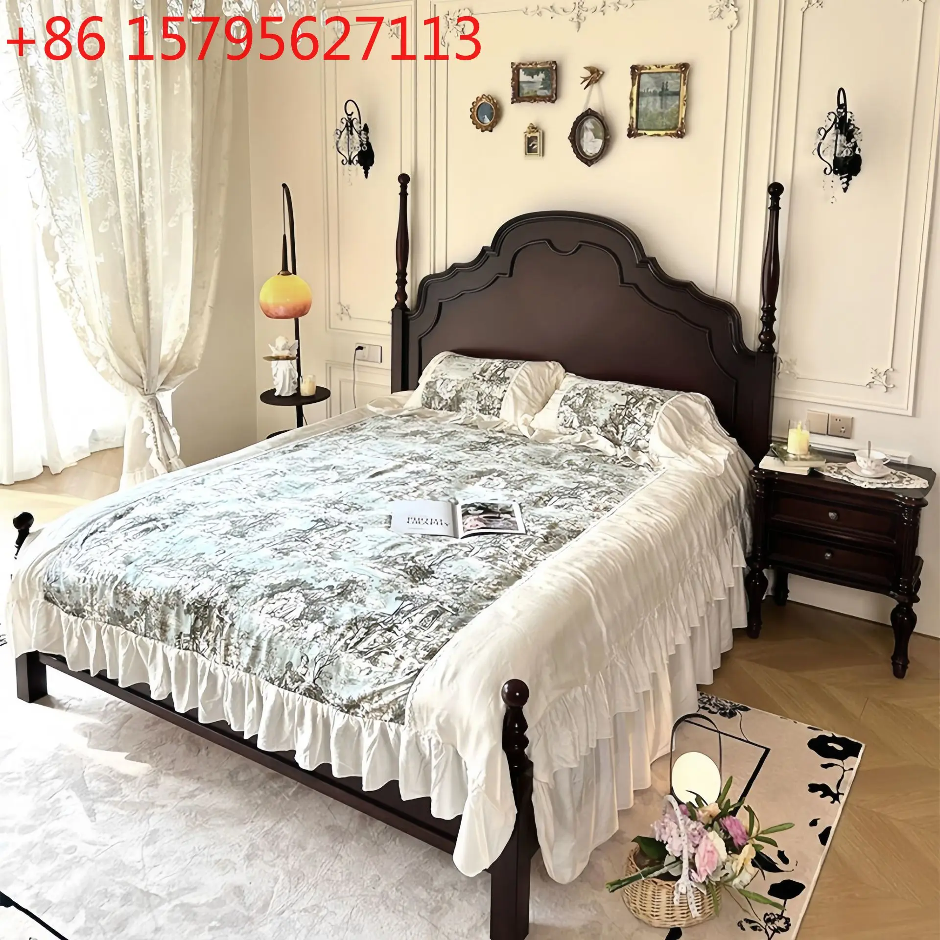 

Французская кровать из массива дерева, двуспальная главная кровать, средняя антикварная кровать Анны, 1,8 метра, ретро