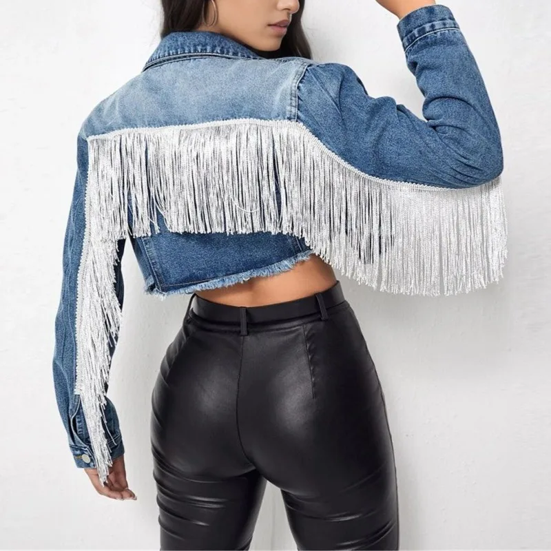 Women\'s Asymmetric Short Jacket Top Long Sleeve Halter Chain Jacket Summer 2023 Streetwear Light Blue Ripped Denim Jacket