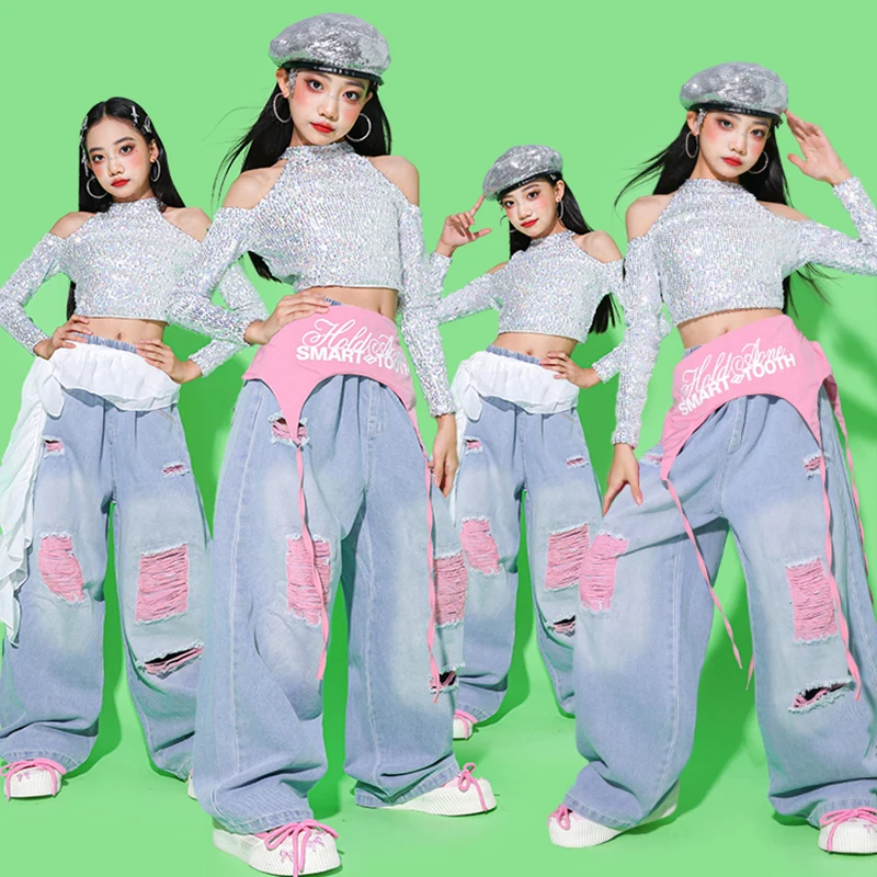 Girls Kpop Dance Costume Kid Jazz Stage Show Performance Clothing Silver Sequins Top Hip Hop Denim Pants Street Dance Wear 2748