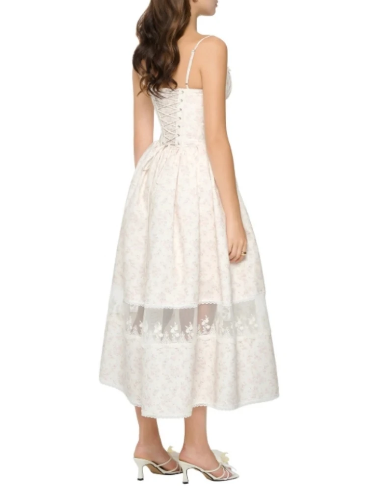 Abito lungo patchwork in pizzo floreale con spalline sexy Abito lungo da donna senza maniche con scollo a V con volant Abiti a trapezio stampati Abiti da festa