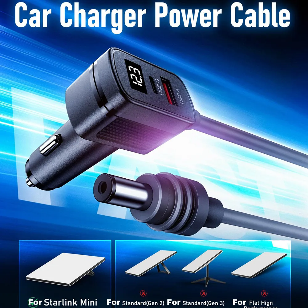 

3 в 1 для Starlink Mini DC кабель питания 12 В-24 В автомобильный адаптер прикуривателя Type-C USB со светодиодным вольтметром цифровой дисплей