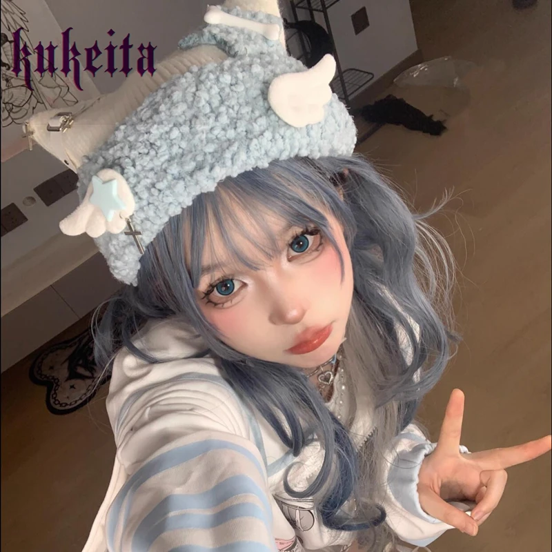 Harajuku urocza gwiazda czapka ucho kota z dzianiny Y2k Gothic Lolita pluszowe skrzydła Kawaii akcesoria czapki zimowe wiatroszczelne ciepłe czapki