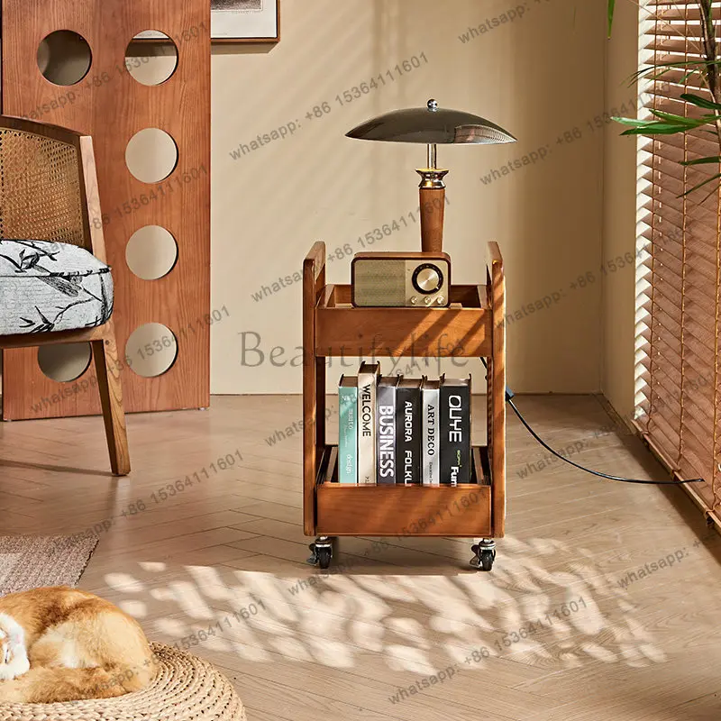 LD medieval solid wood rattan storage box multi-functional small corner table movable with wheel rack