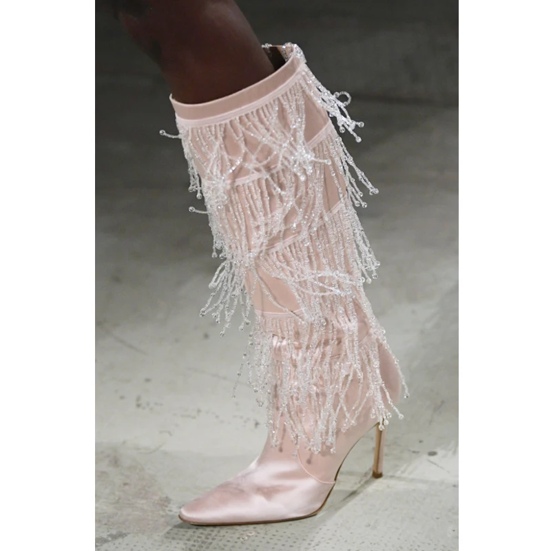

Pale Pinkish Gray Satin Pointed Toe Crystal Fringe Tassels Boots Woman Winter 2026 Yellow Beaded High Heel Boots Fashion Party