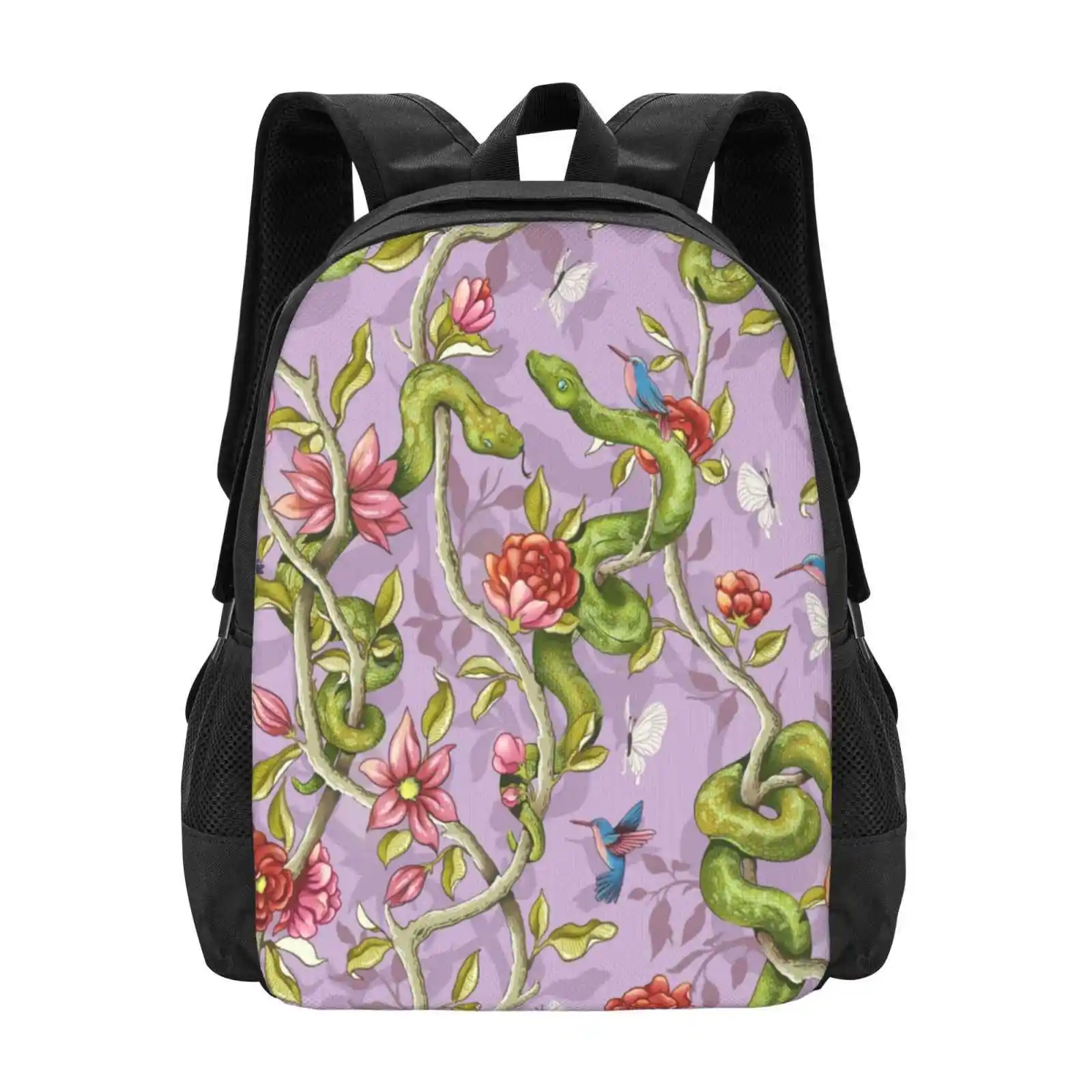 Morning Song-Bolsa de diseño con patrón de lavanda, mochila para estudiantes, escamas de pitón de serpiente, verde, lavanda, rosa, flor Floral, jardín