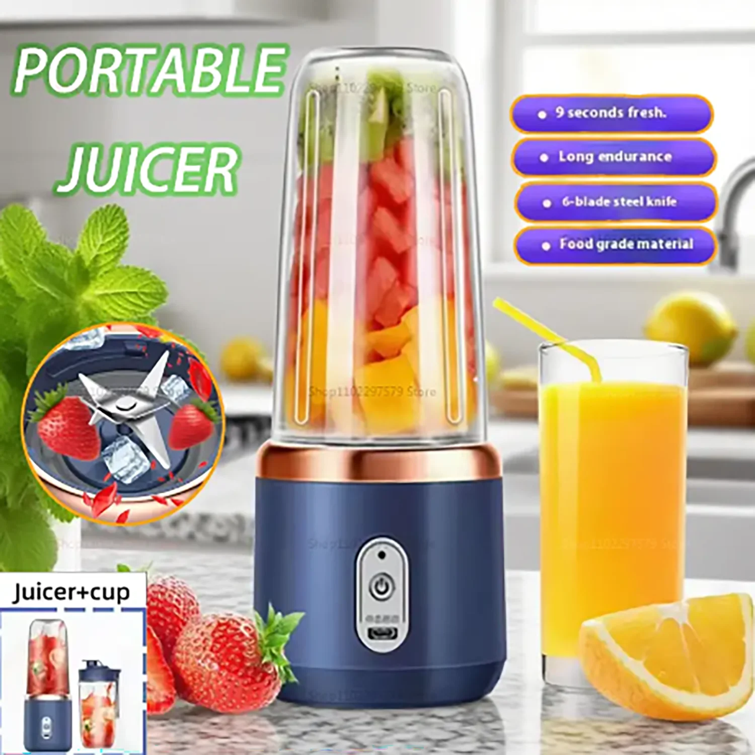 Portable Blender Bottle Electric 6 Blades Multifunction Juice Blender Fresh Juice Smoothie Blender Ice CrushCup Food Processor