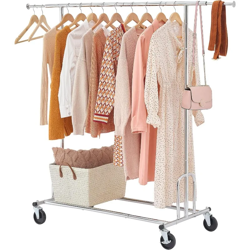 

Heavy Duty Clothes Rack Foldable Garment Rack with Wheels and Extendable Rod, Freestanding Clothing Rack for Hanging Clothes