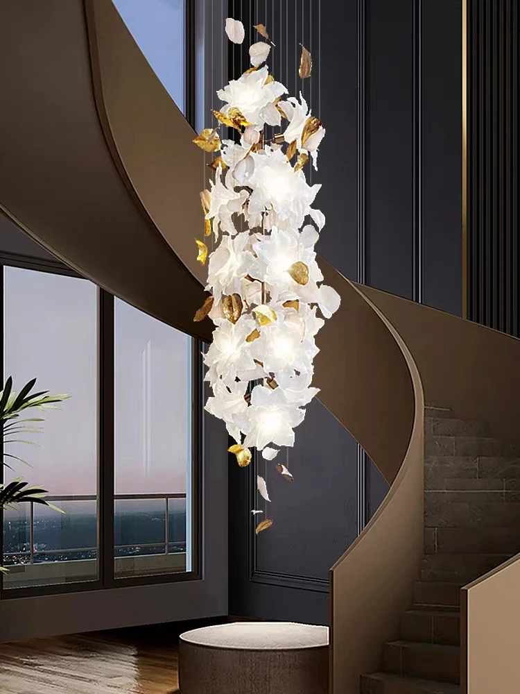 Loft Hanging Art Led Chandelier Stairscase Hotel Lobby Living Room Advanced Glass Flower Crystal Chandeliers Pendant Lights