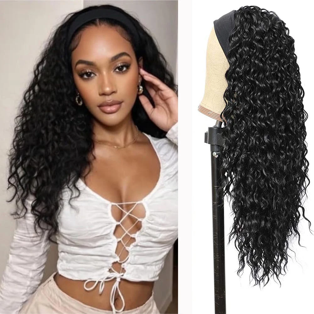 40 Inch Headband Wig Human Hair Deep Wave Glueless None Lace Front Wigs for Black Women 250% Density Wet and Wavy Headband Wig Curly Wave Curly Long Headband Wig Natural Color