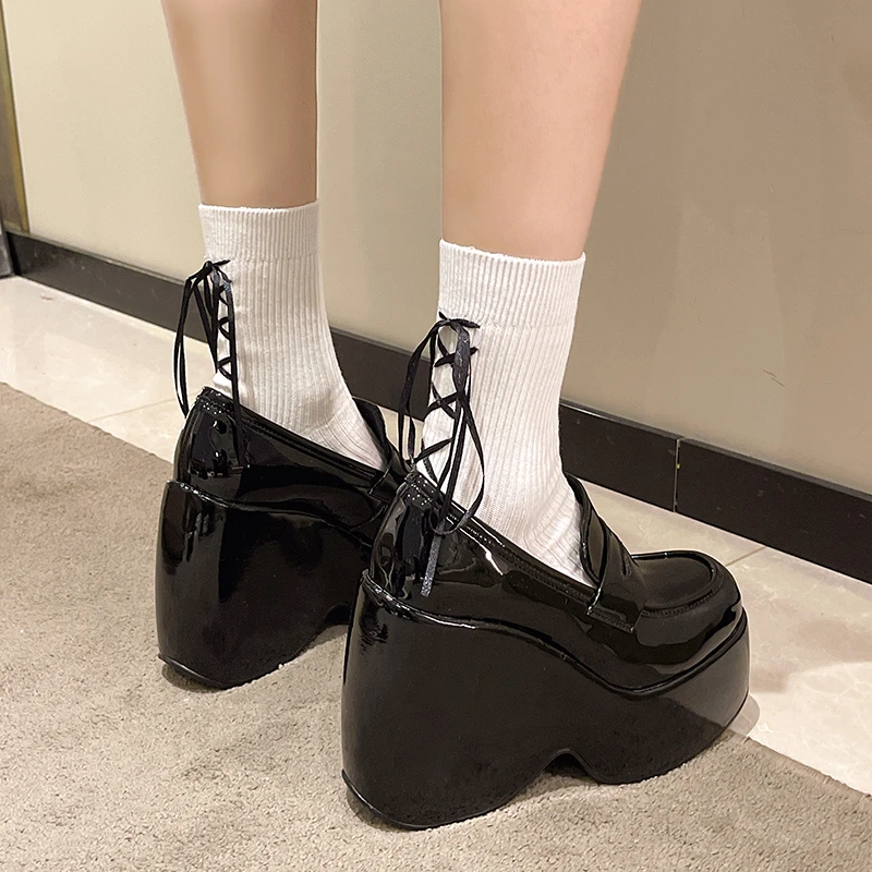 

10CM Black Leather Platform Wedges Loafers for Women Slip-On High Heels Spring Autumn Gothic Style Pumps Party Office Shoes