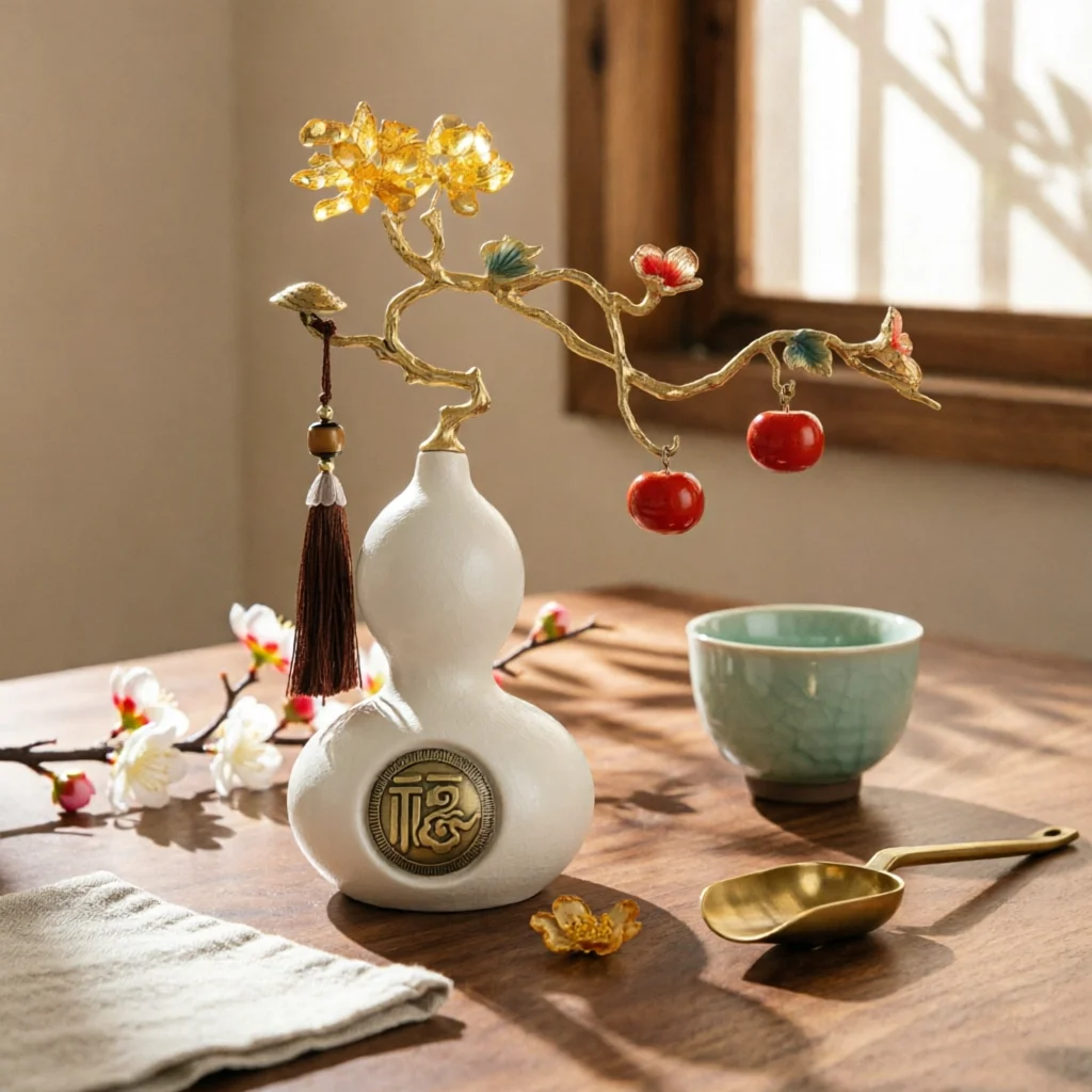Gourd Statue with Wooden Base Gold-Tone Ceramic Gourd Statue Tabletop Accent Glossy Embossed for Homeowners, Living Room