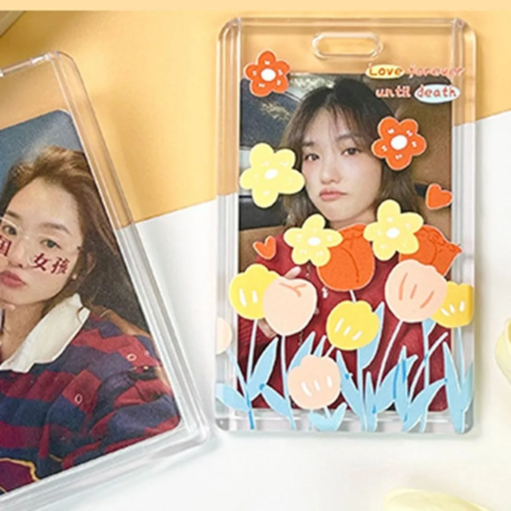 Hanging Neck Transparent Card Holder Keychain Double-sided Viewing Flower Card Case Card Sleeve ID Credit Card Holder