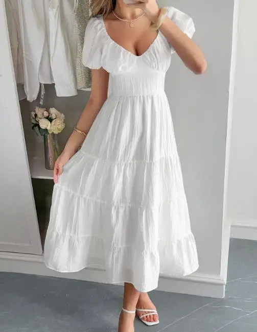 

Summer Leisure Vacation Waist Tied A-Line Long Skirt for Women, Sexy Deep V-Neck Backless Bubble Sleeve High Waisted Dress