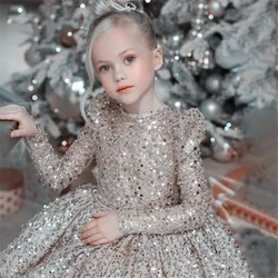 Flower Girl Dress Silver Sequin Luxury Long Sleeves Puffy Kids Girls Pageant Wedding Birthday Gift Party First Communion Gown