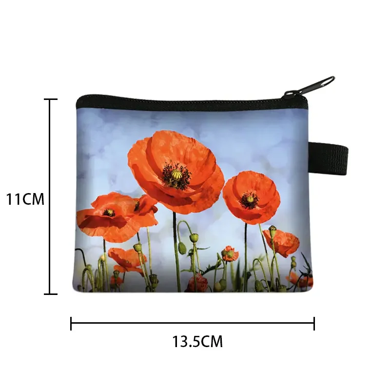 Fashion Red Poppy Flower Print Coin Purse Women Harajuku Wallet Small Clutch ID Credit Card Money Holder Bags Hip Hop Coin Bag