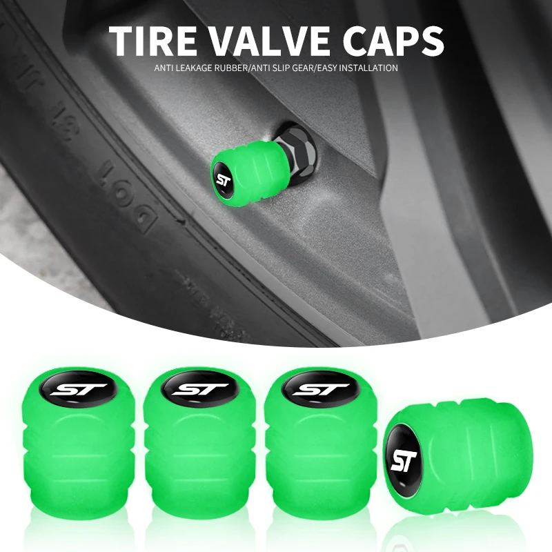 4Pcs Fluorescent Green Car Wheel Tire Valves Caps Luminous Valve Dust Covers For FORD ST Focus x 2 Kuga FIESTA Car Styling