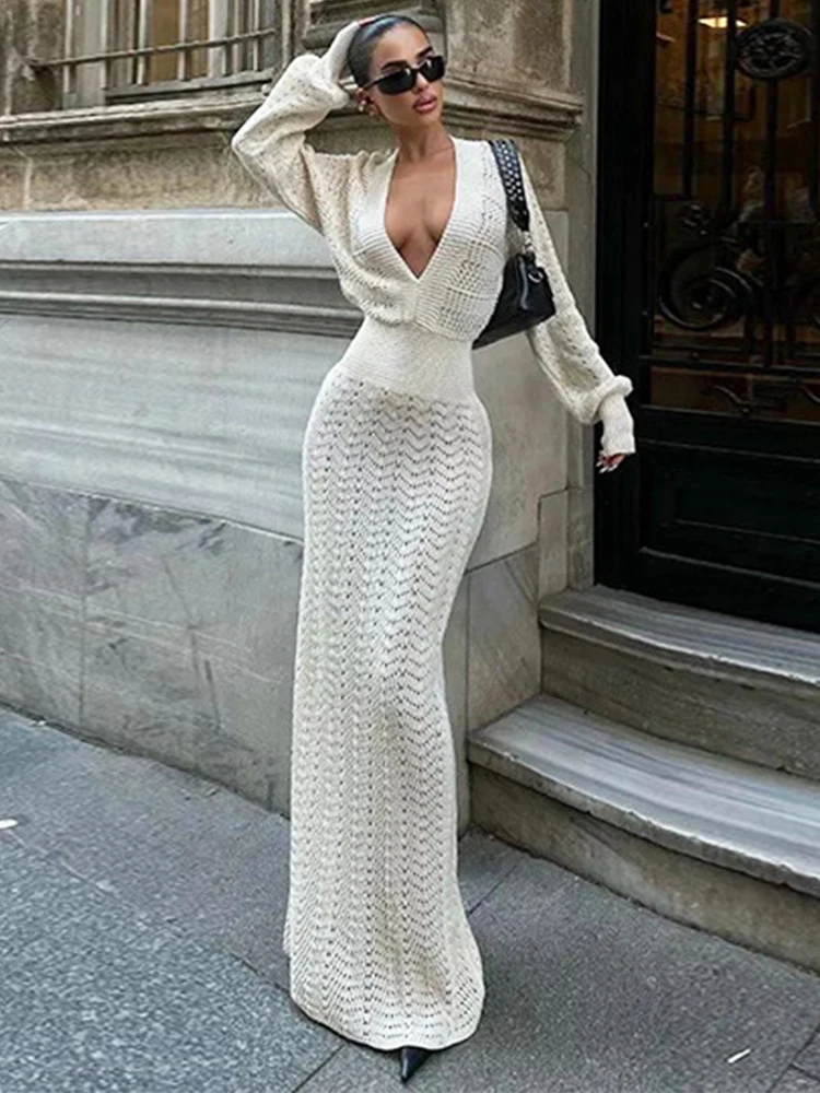 Trendix Deep V Neck Knit Dress For Women's Autumn Long Sleeve Slim High Waist Maxi Dresses Party Knitwear Elegant Evening Dress