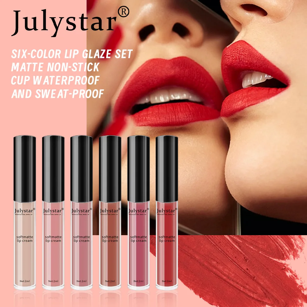 Julystar 6 Stks/doos Lippenstift Set Mistig Oppervlak Mat Lip Glazuur Multicolor Lip Make-Up Vrouwen Cosmetische Blijvende Niet Vervagen