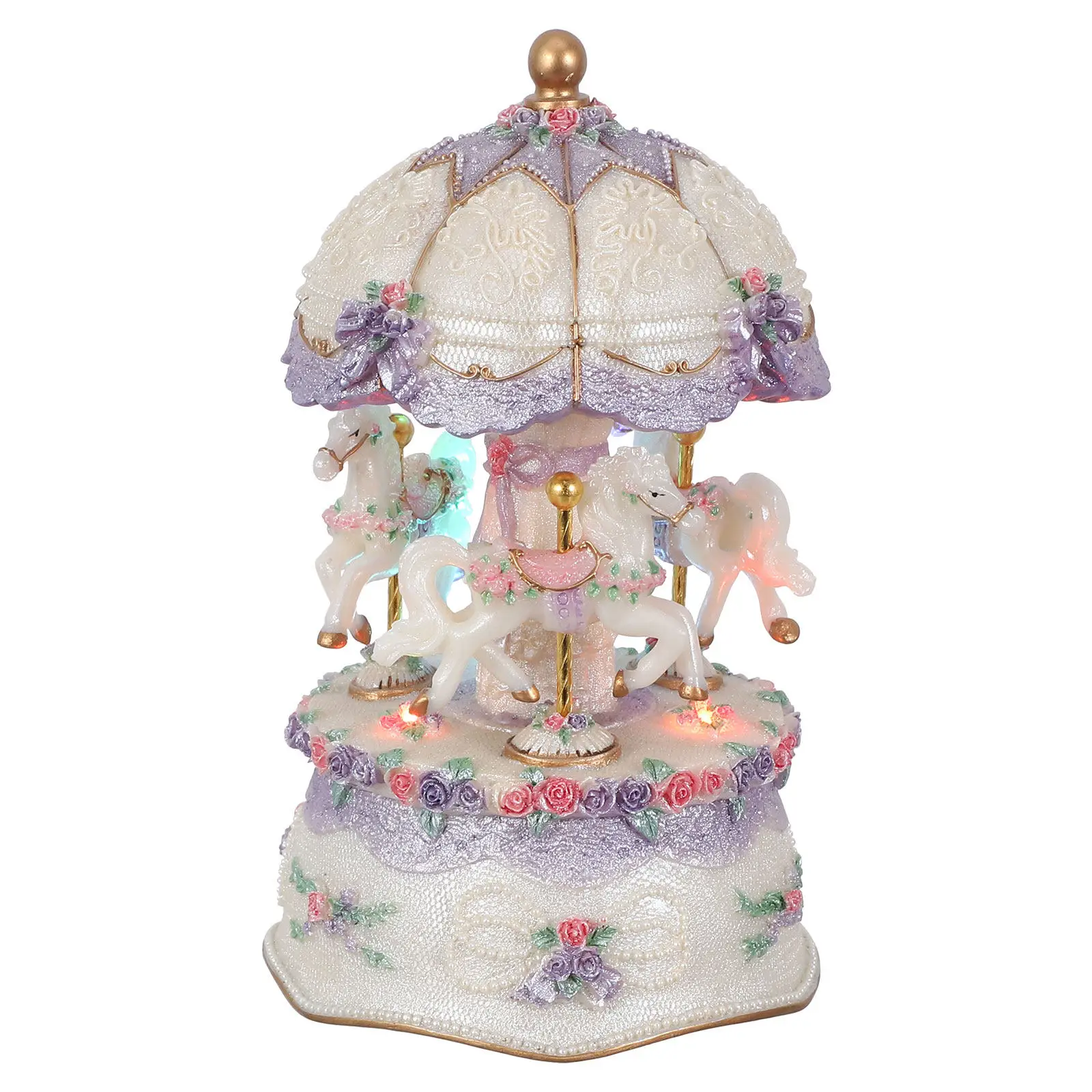 Vintage Carousel Music Box Rotating 3-Horse Design with Colorful LED Lights Wind Up Melody for Christmas Valentines