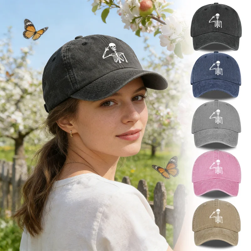 Skeleton Print Washed Baseball Cap Soft, Comfortable, Lightw