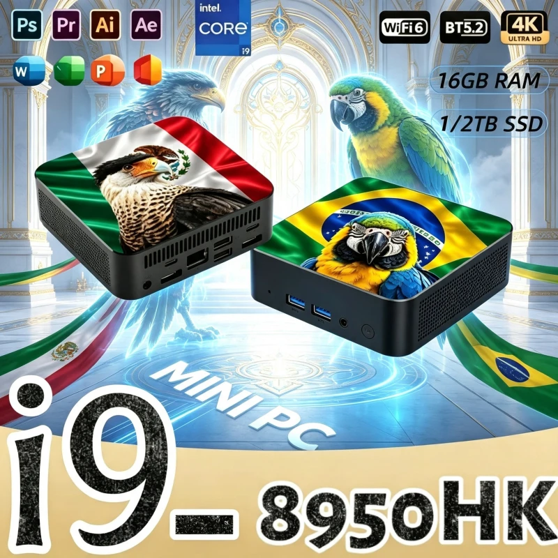 Mexico Brazil Flag 2026 New Portable Gaming Mini Desktop, Core i9-8950HK, 16GB RAM, 2TB SSD, 4K UHD Outputs, High-Performance