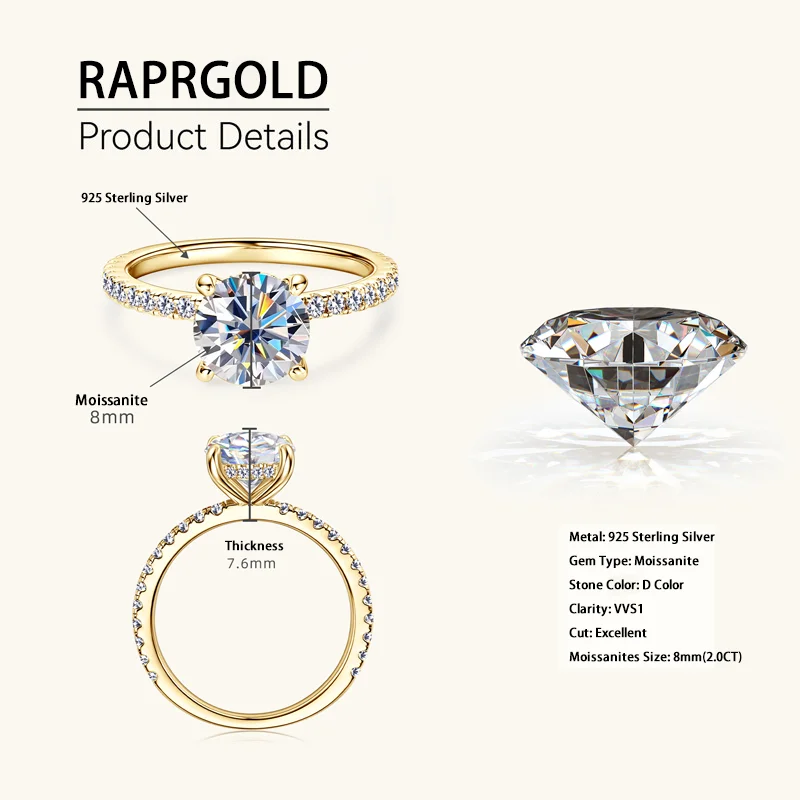 RAPRGOLD D Color Moissanite Wedding Ring for Women 925 Sterling Silver GRA Certified Engagement Rings Eternity Band Jewelry Gift