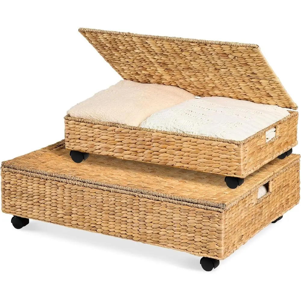 Under Bed Storage Containers W/Lid, Wheels and Handles, 2-Pack Large Handwoven Water Hyacinth Closet Organizer, Shoe Storage Bin