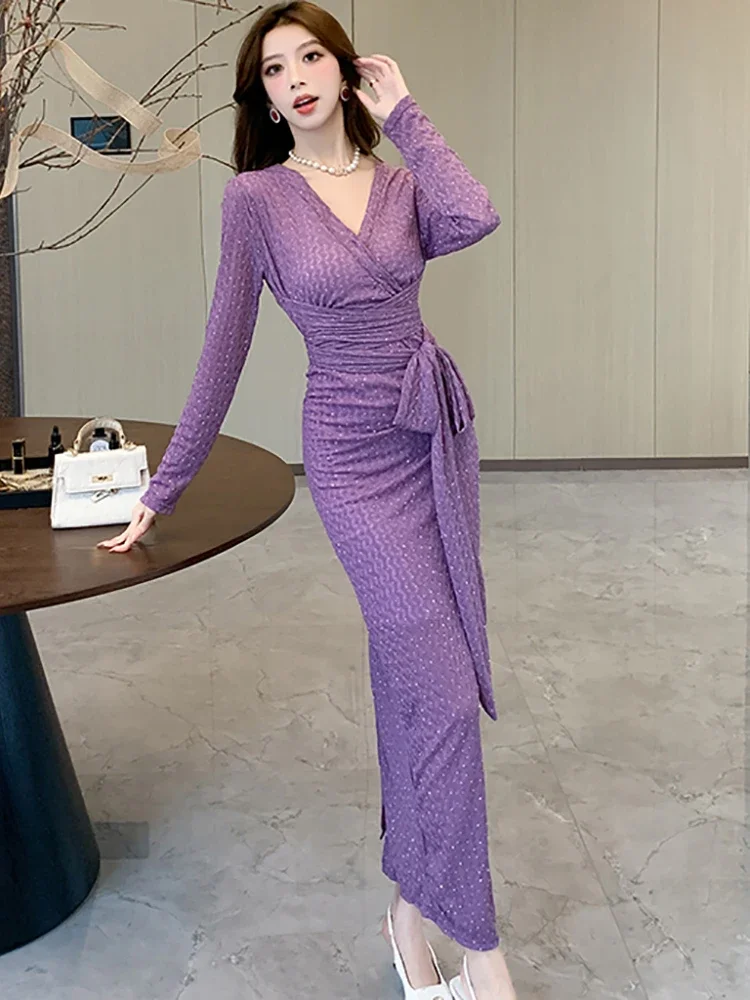 2024 neue Lila Jacquard Pailletten V-ausschnitt Langes Kleid Frauen Elegante Bogen Bandage Prom Kleid Herbst Winter Koreanische Vintage Party Kleid