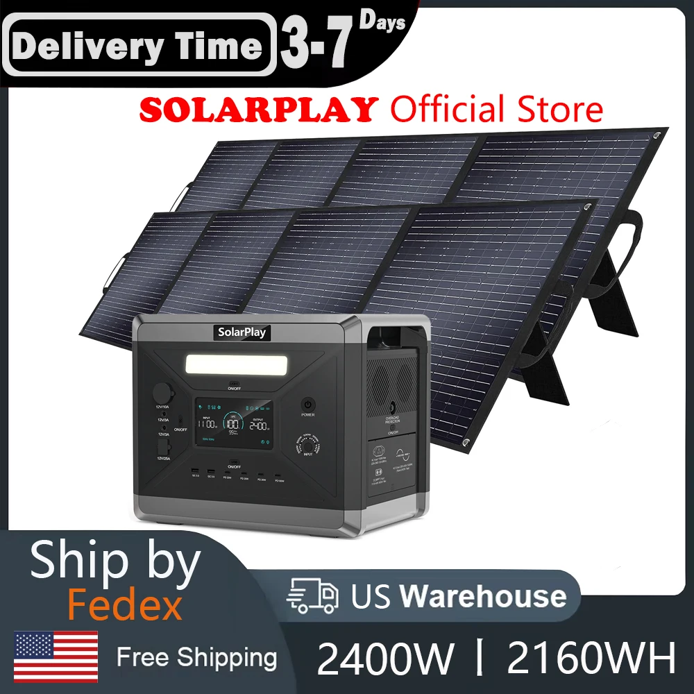 2400W/2160Wh Portable Power Station With Solar Panel Solar Generator with 4 AC Outlets (4800W Peak) Power Generator For Home Use