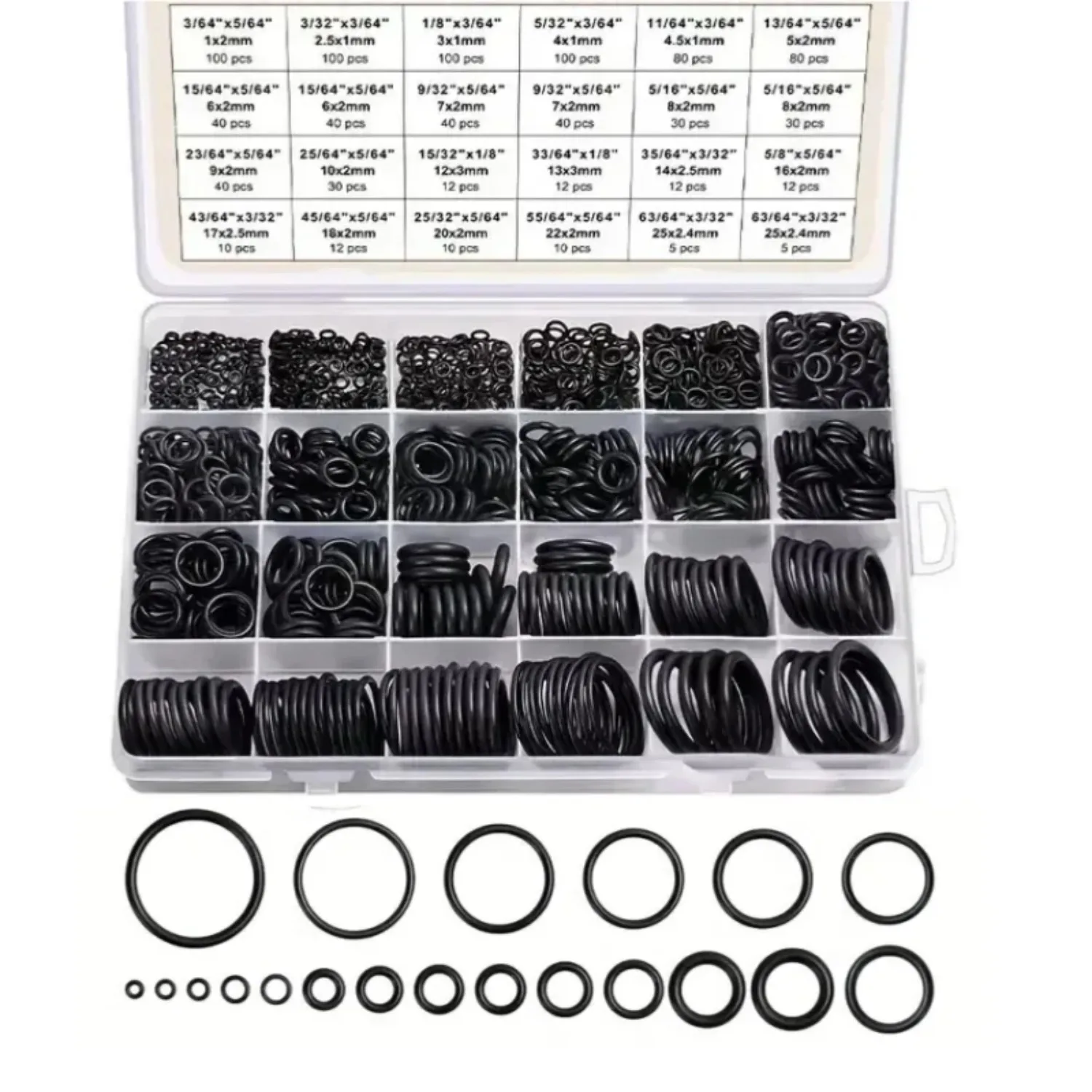 Nitrile rubber O-ring fittings - a box of various gaskets and washers for pressure gaskets, piping and sealing applications