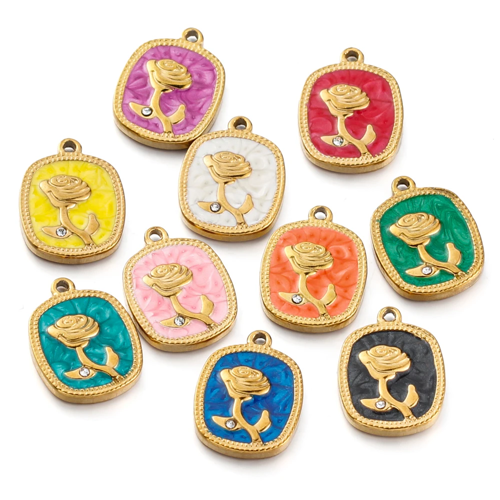 

5pcs Stainless Steel Enamel Rose Charms PVD Gold Plated Flower Pendant for Necklace Bracelet Earrings DIY Jewelry Making Supply
