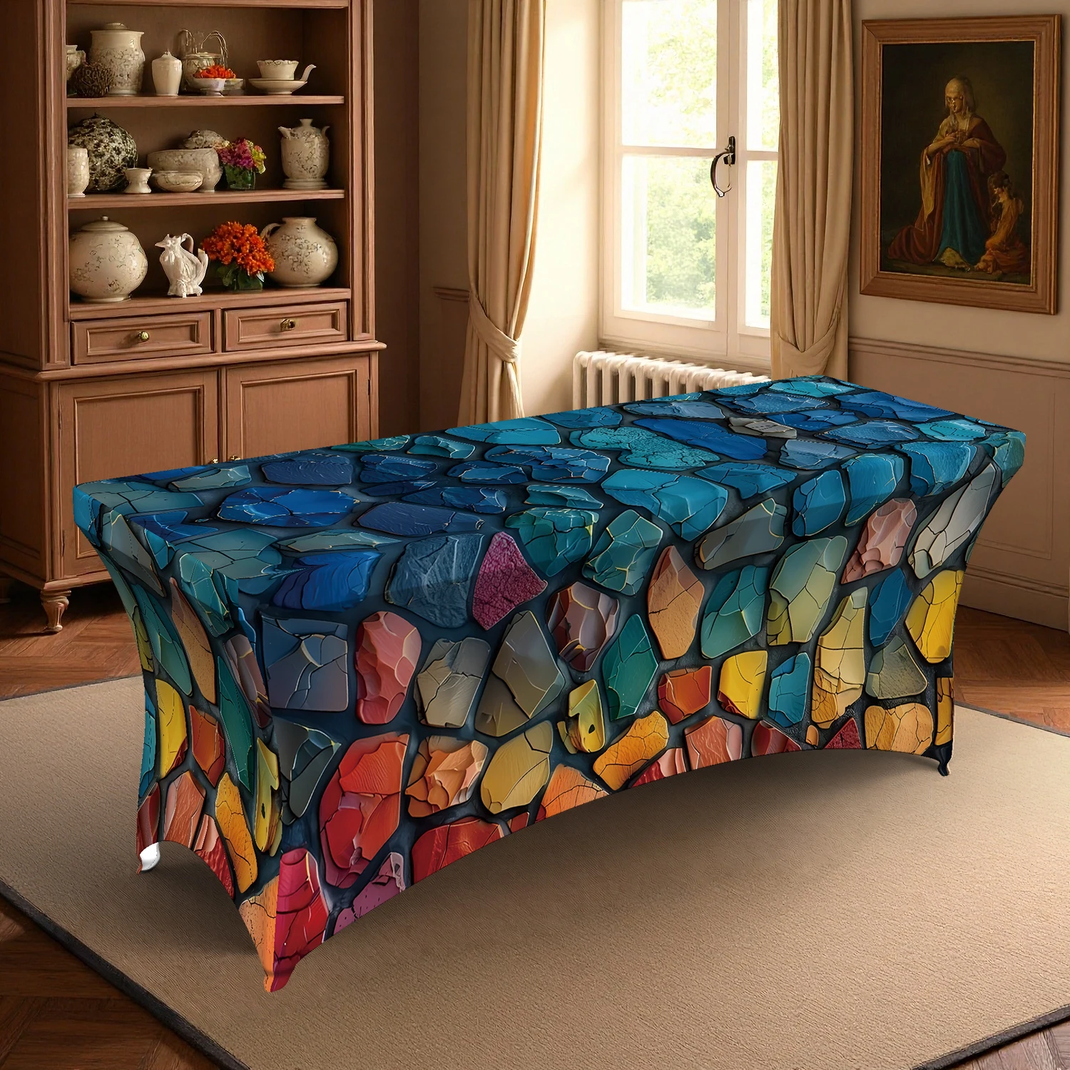 1PC Summer Outdoor Elastic Tablecloth, Colorful Stained - Glass Pattern Digital Print, Full - Coverage for 4