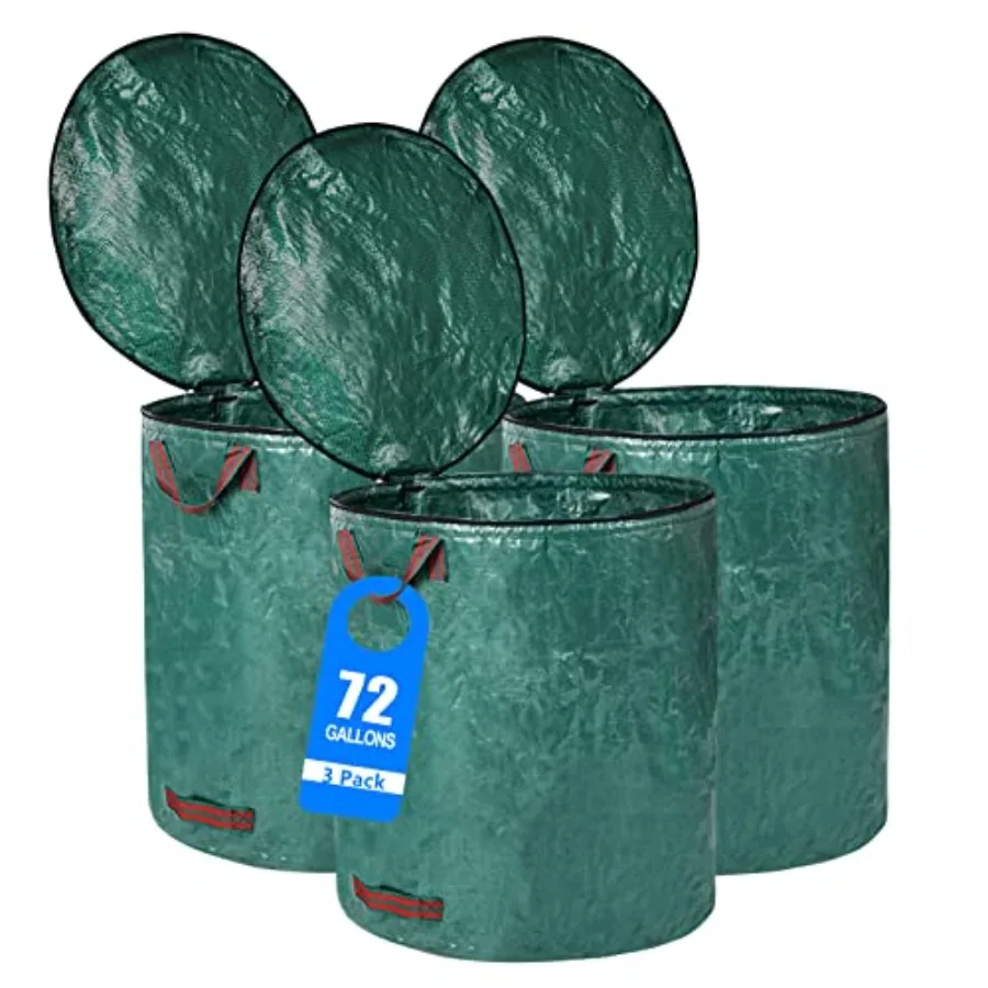 

3 Pack 72 Gallons Reusable Yard Waste Bags with Lid Extra Large Lawn Leaf Bags Heavy Duty with 4 Handles Garden Waste Bags Cont