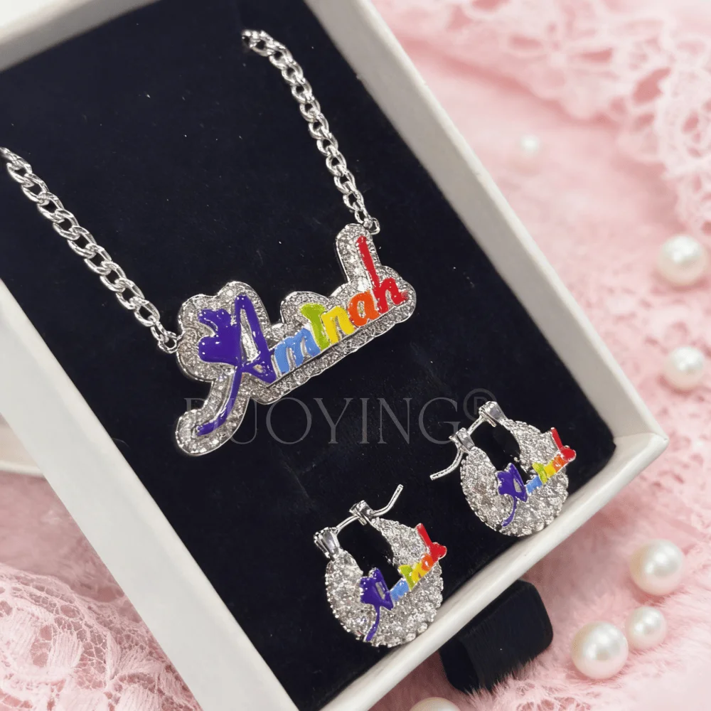 DUOYING Custom Bling Rainbow Luxe Set Stainless Steel Nameplate 15mm Zircon Enamel Earrings Necklace