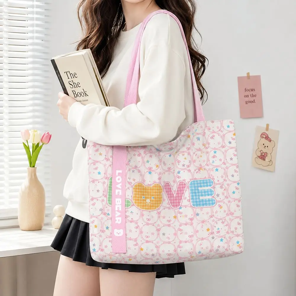 Gifts Cute Bear Print Canvas Bag Large Capacity Lightweight Shoulder Bag Versatile Reusable Tote Bag Women's Accessories