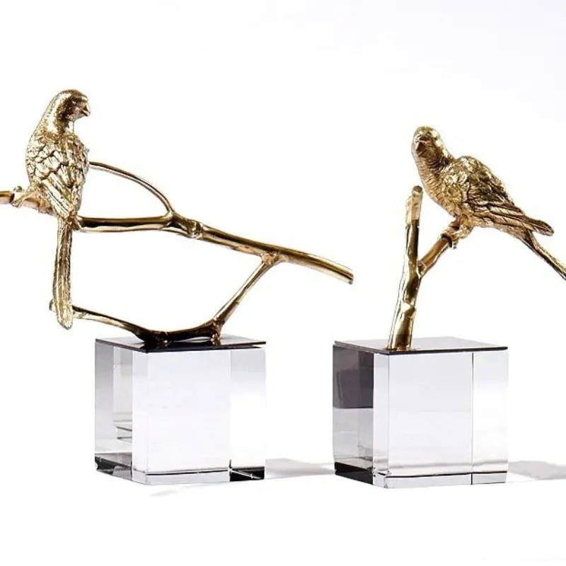 Metal Bird Branch Ornament Crystal Sculpture Simulation Animal Sculpture Metal Decorative Figurines Home Decoration Accessories
