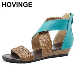 Fish Mouth Leather Platform Women's Sandals Weave Wedge Heel Ladies Shoes Plus size Zipper Casual Beach Sandals Roman Shoes