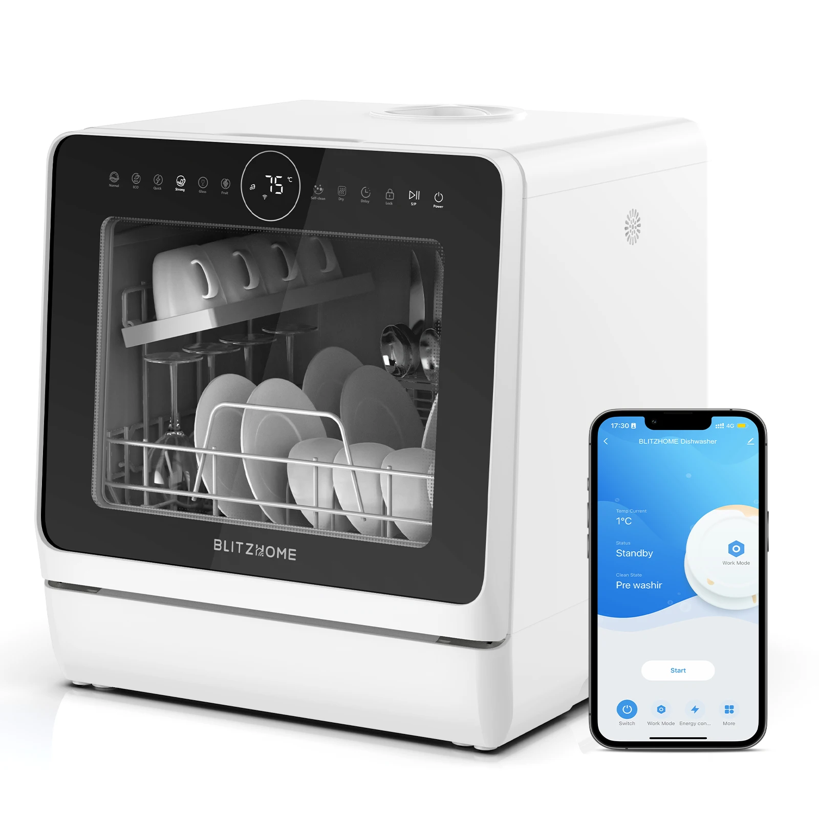 BlitzHome BH-4-CDW Kompakter intelligenter Arbeitsplatten-Geschirrspüler mit integriertem 5-Liter-Wassertank, APP-Steuerung, 8 Programme, 3D 360 °   Doppelspray