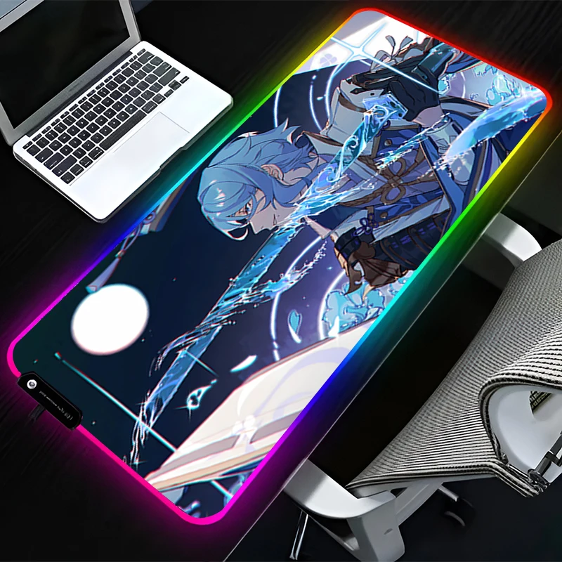 RGB LEDマウスパッド PCアクセサリー マウスパッド HD拡張パッド ゴム製キーボードパッド 滑り止め G-原神 カミサトアヤト デスクマット