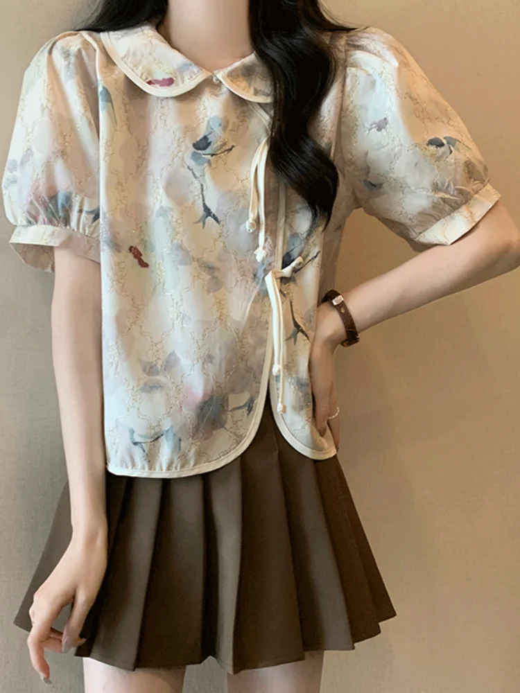 New Chinese Style Short Sleeve Shirt Women Summer plus Size Floral Print Qipao Top Slimming National Style Modified Flag Shirt
