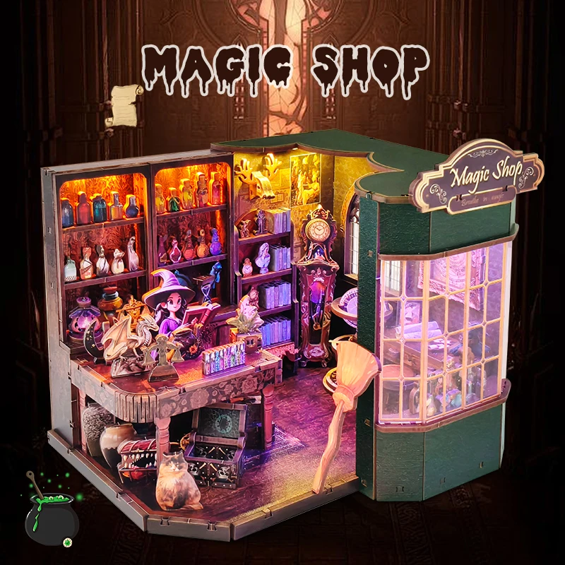 DIY ไม้อาคารจิ๋วชุด Magic Shop Cottage บ้านตุ๊กตาพร้อมเฟอร์นิเจอร์ Casa ตุ๊กตาสําหรับของขวัญวันเกิดเพื่อน