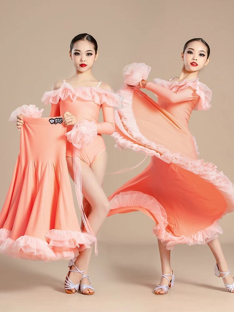 Off-Shoulder Ballroom Dancing Competition Dress Girls Tango Waltz Dance Costume Children Standard Performance Outfit VDB7972