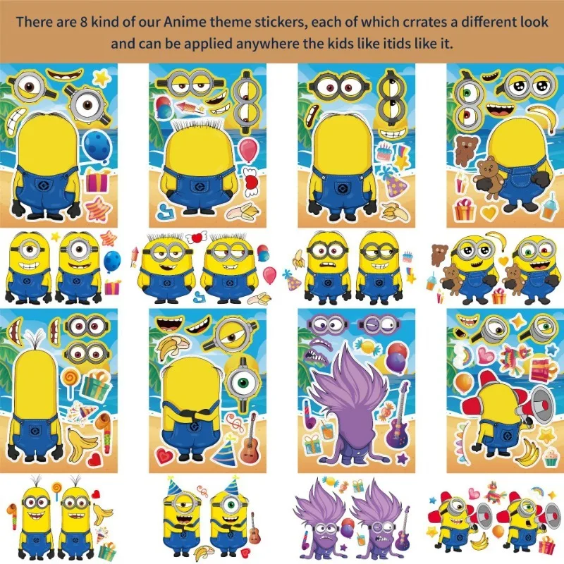 16pcs Minions Toys Make A Face Stickers DIY Cartoon Kids Puzzle Assemble Toy Children Game Jigsaw Anime Funny Party Toys Gifts