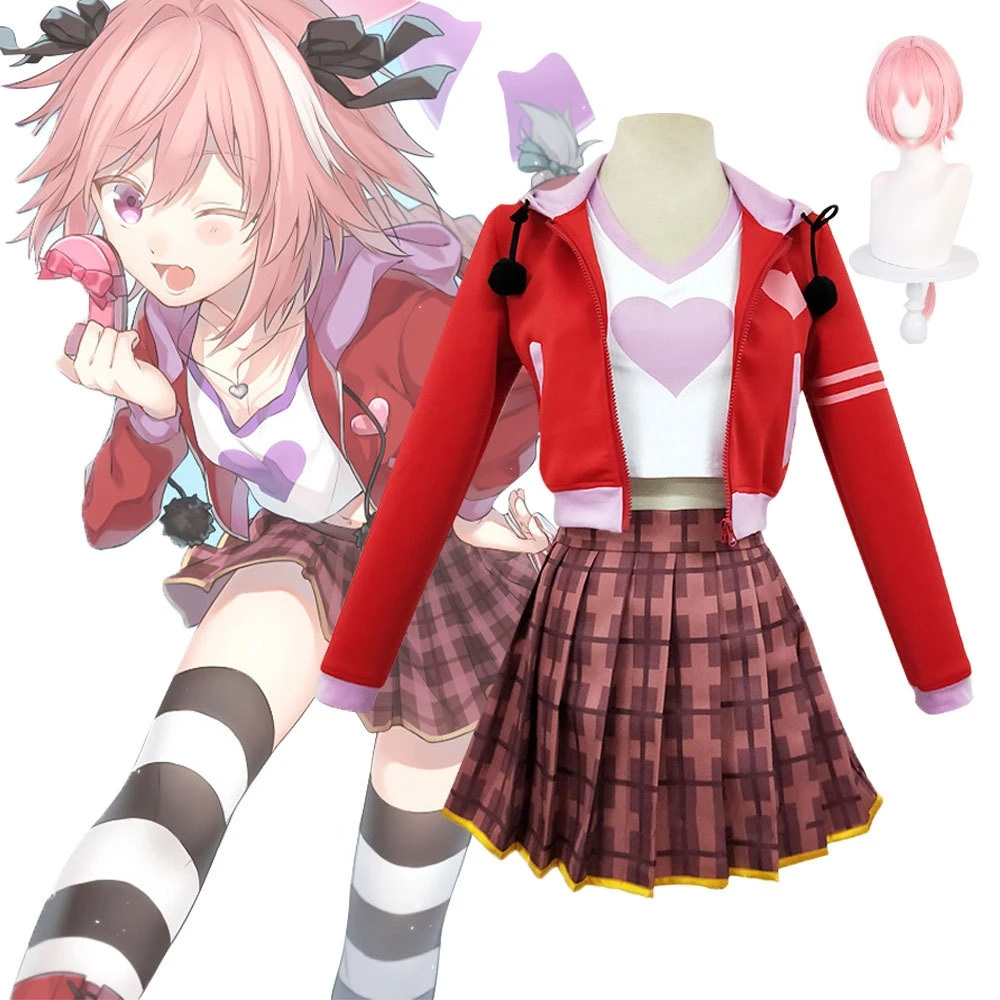 Astolfo fantasia cosplay para homens e mulheres, destino, apócrifos, diariamente, dramatização de Halloween, roupa linda, peruca rosa, top vermelho, saia, terno completo