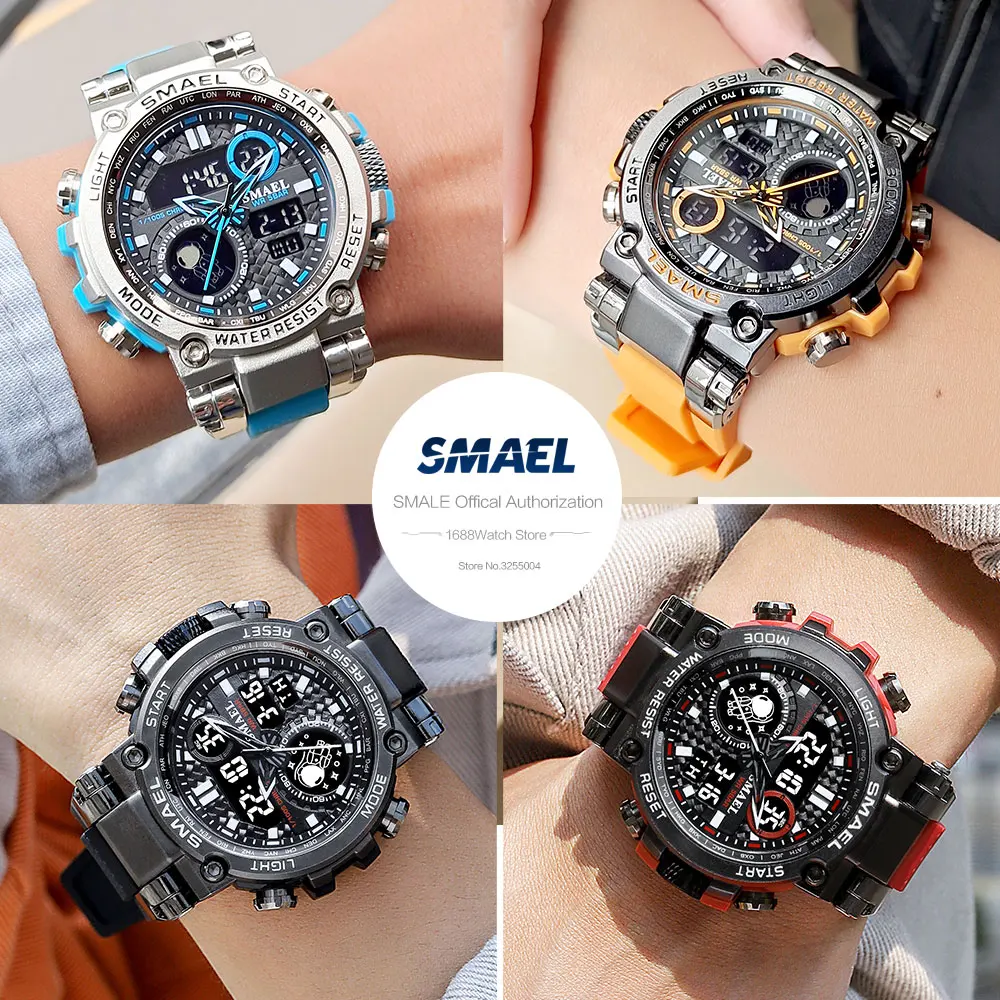 SMAEL Light Blue Sport Digital Watch for Men Waterproof Dual Time Display Chronograph Quarz Wristwatch with Auto Date Week 1803B