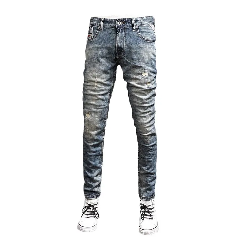 y2k style fashionable men's jeans high-quality retro washed blue elastic slim fit scratch jeans men's retro designer denim p